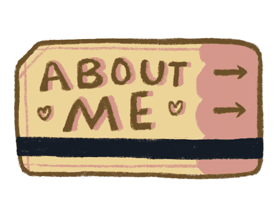 A clickable yellow ticket that says "about me" on it