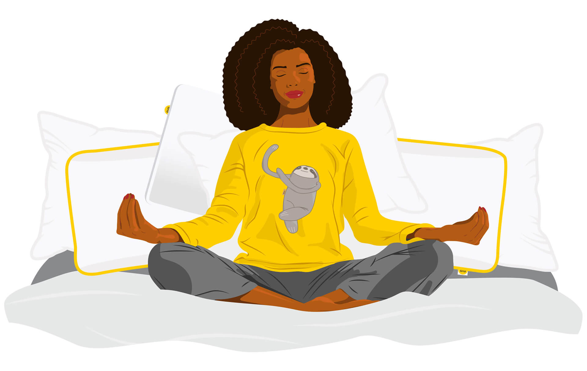 Illustration of a lady sat on the bed in a meditative position