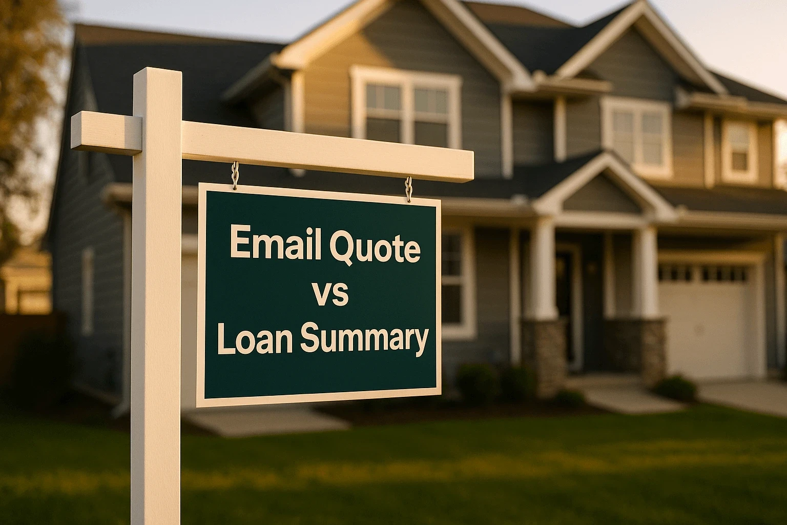 Real estate sign in front of a house displaying the words “Email Quote vs Loan Summary”.