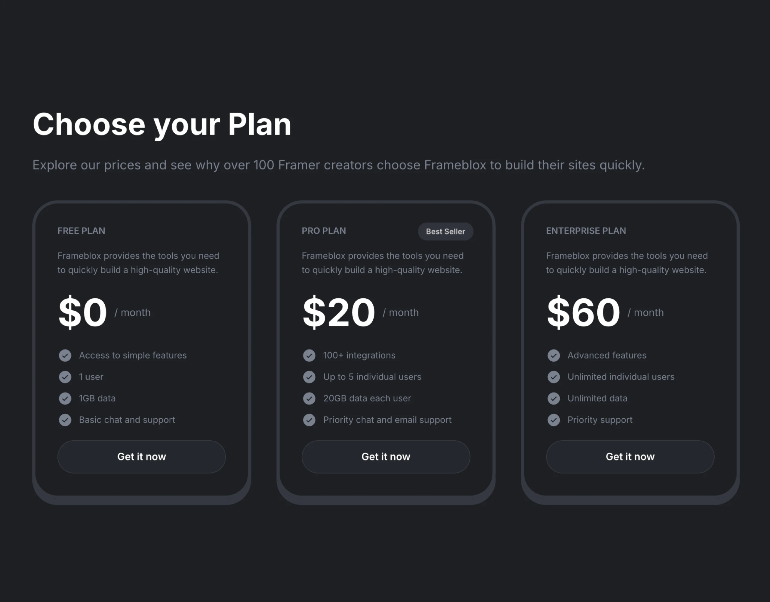 Framer Dark Pricing Section - Frameblox UI
