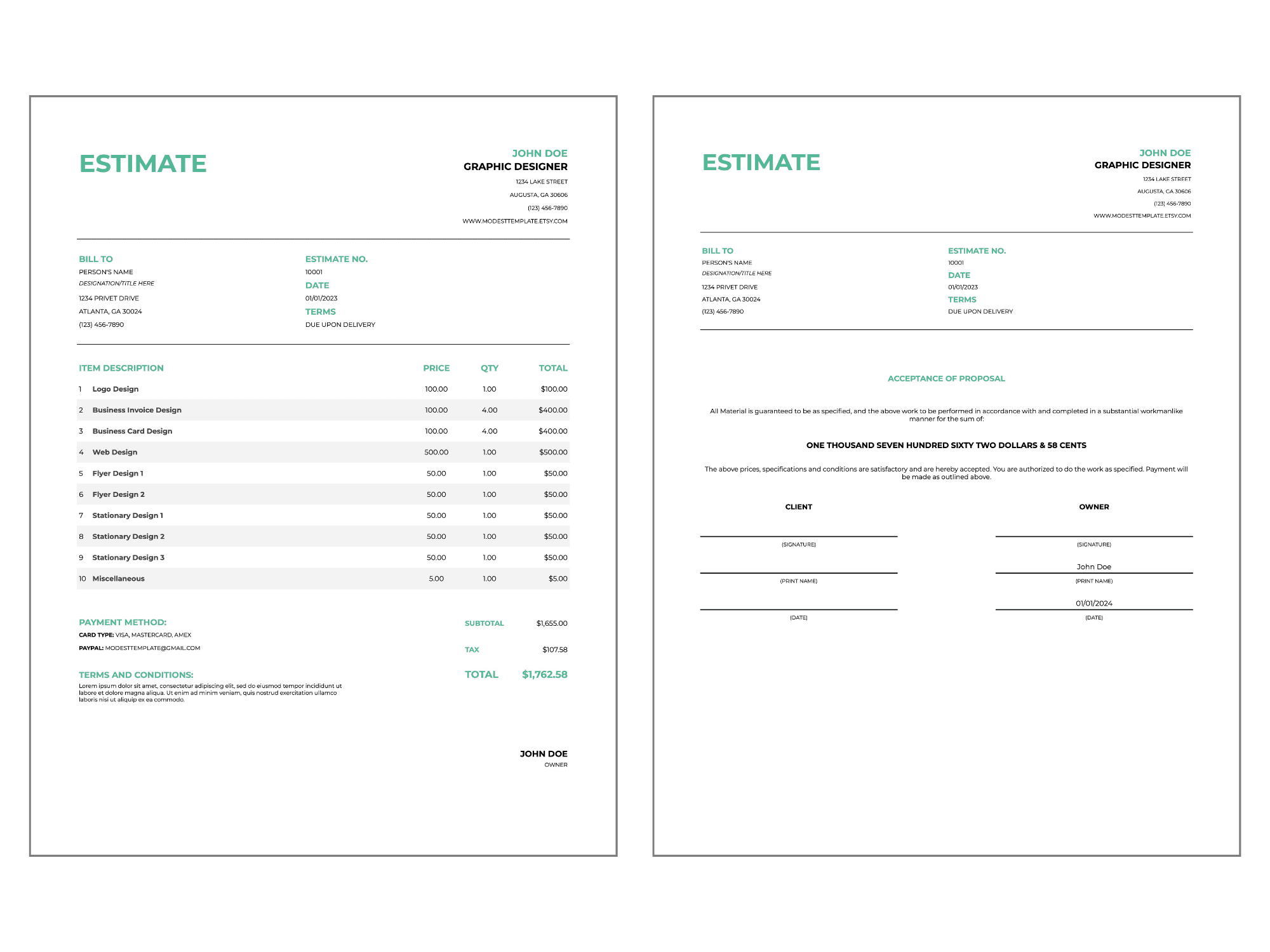 Printable estimate template displaying a detailed cost breakdown and client approval section for professional project proposals.