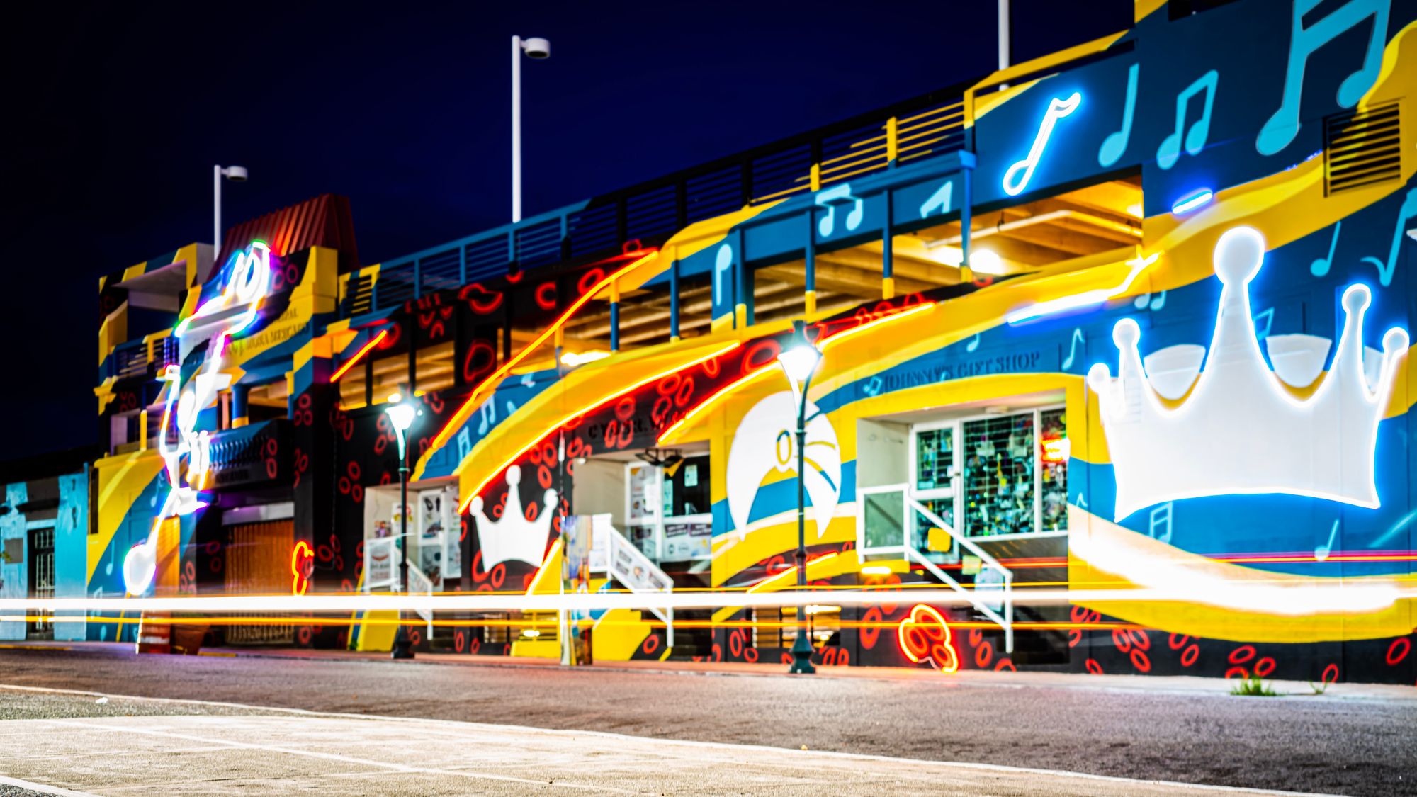 Colorful building at night in Juana Dรญaz