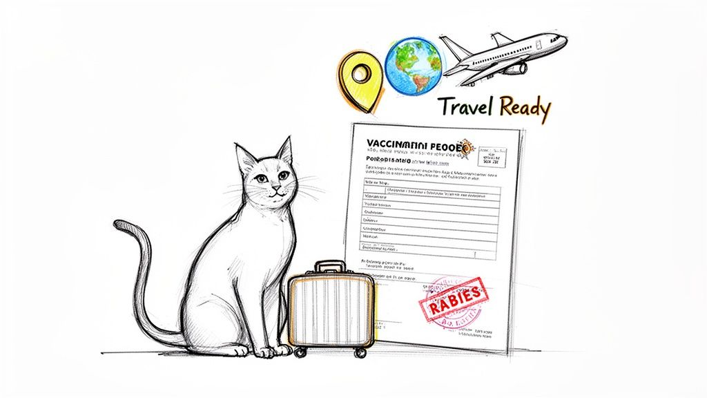 A sketch of a cat, a small suitcase, and pet travel documents with a 'RABIES' stamp, indicating travel readiness.