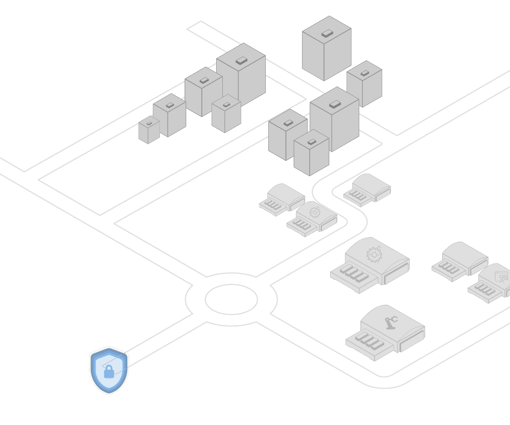 Illustrated traffic network of a new development area, with a castle symbol at the end of the road and with skyscrapers and factory buildings.