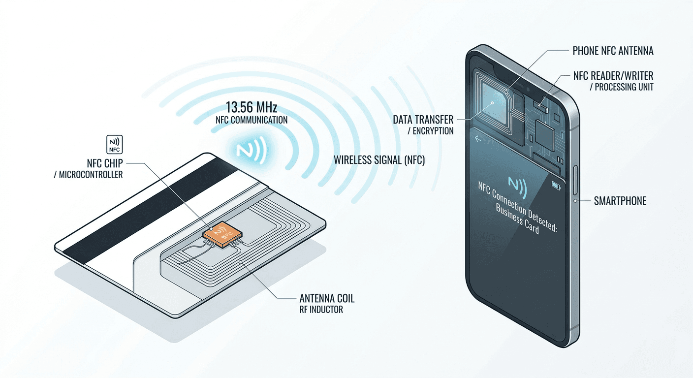 Diagram showing how an NFC business card works with a smartphone