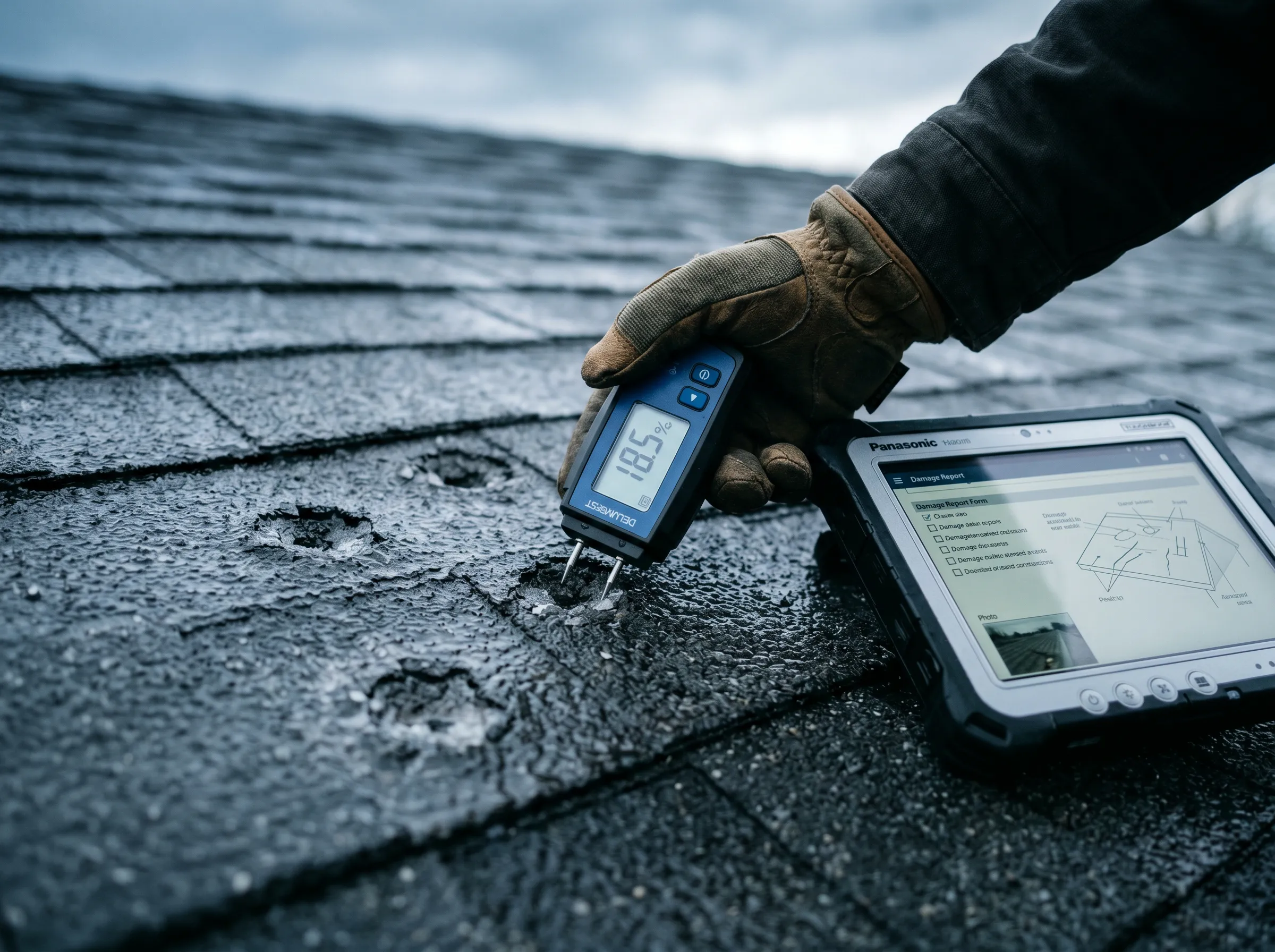 Close-up of a roof inspection with a moisture meter analyzing damaged asphalt shingles.
