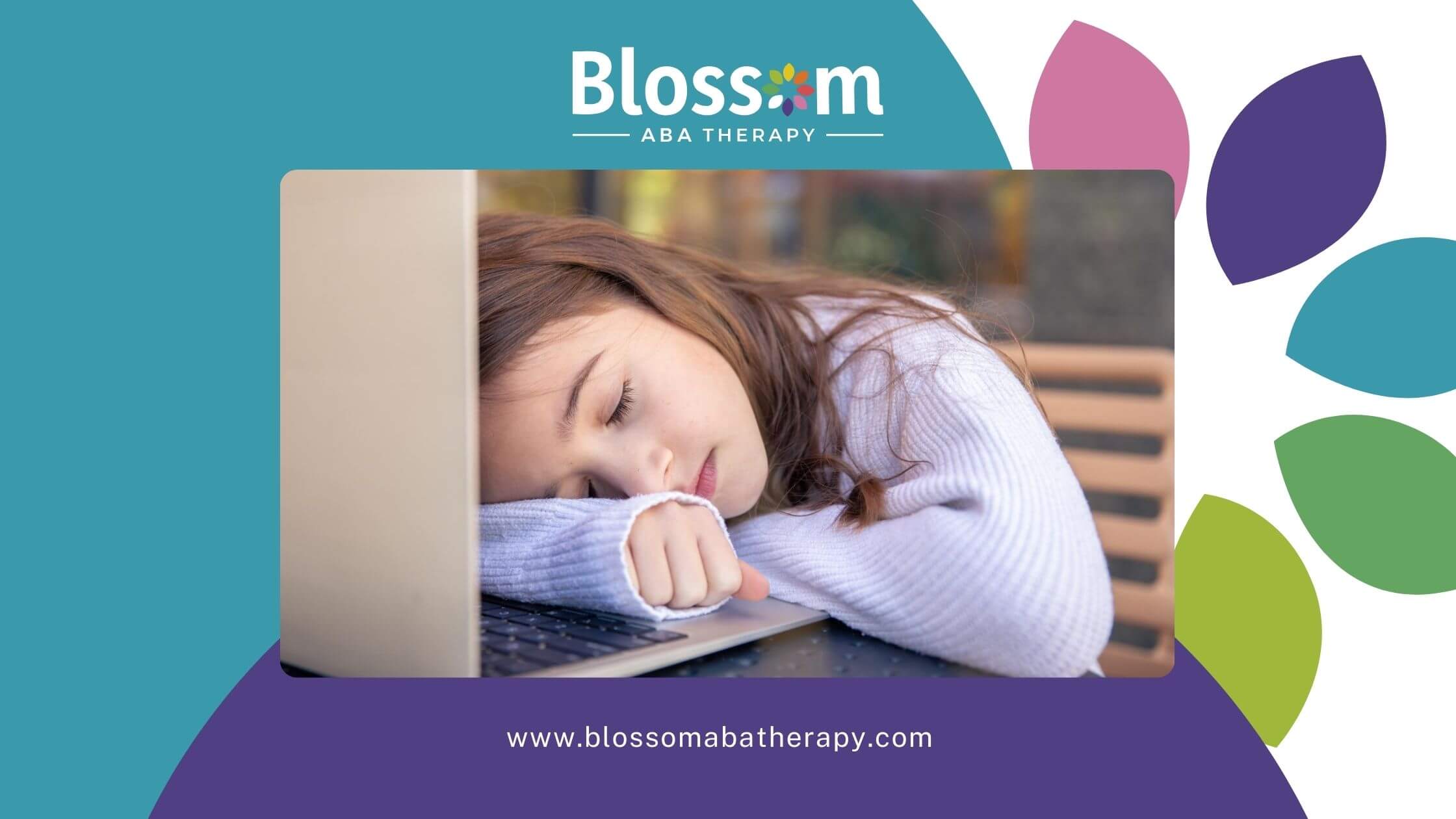 A tired child with brown hair sleeping with their head resting on a laptop during ABA therapy.
