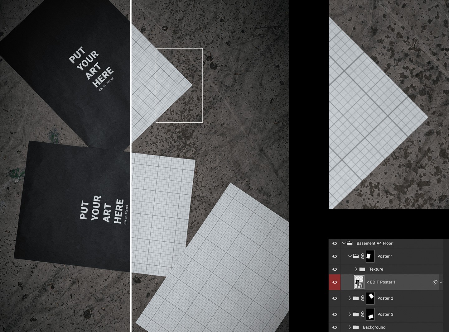 Inside look at the organized layers and smart object placement for the Outdoor A4 Poster Mockup