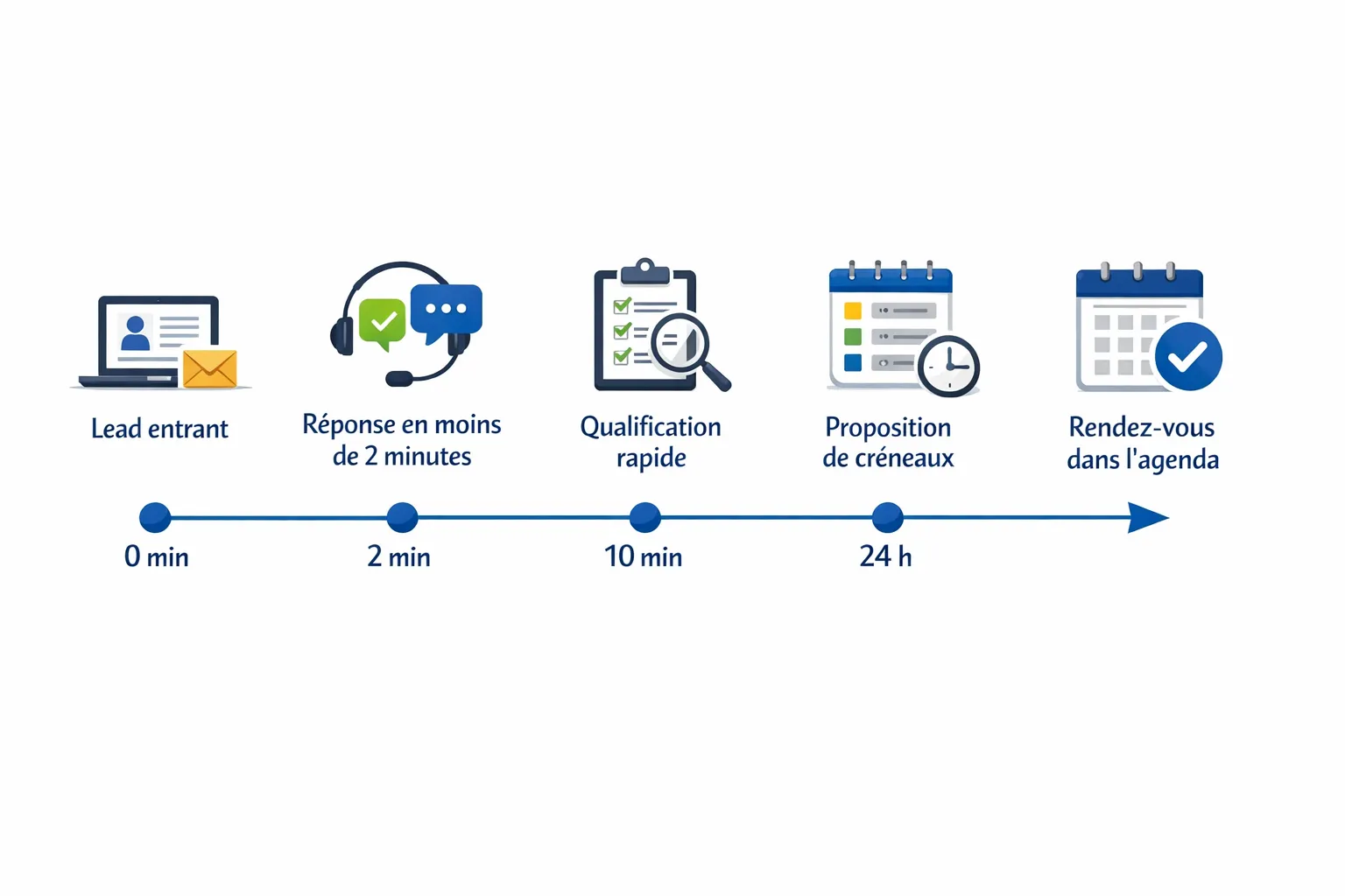 Schéma simple d’un flux “lead entrant → réponse en moins de 2 minutes → qualification rapide → proposition de créneaux → rendez-vous dans l’agenda”, avec une timeline affichant 0 min, 2 min, 10 min et 24 h.