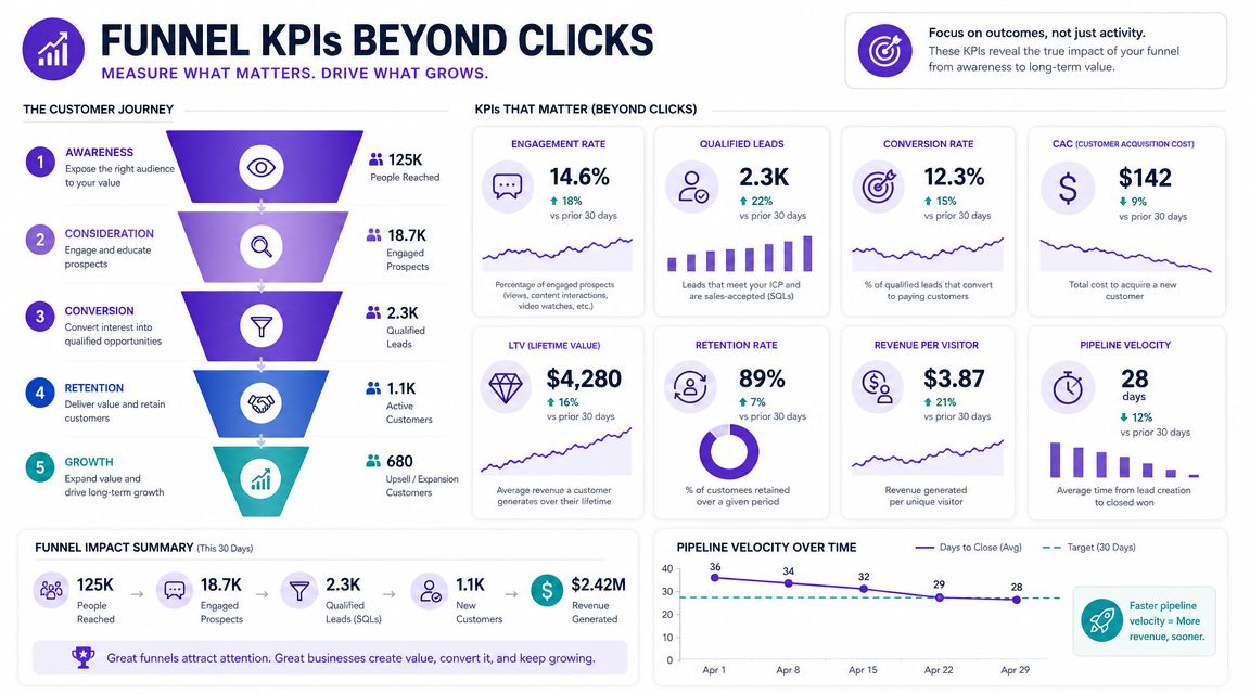 An infographic visualizing a marketing funnel and key performance indicators for business growth tracking.