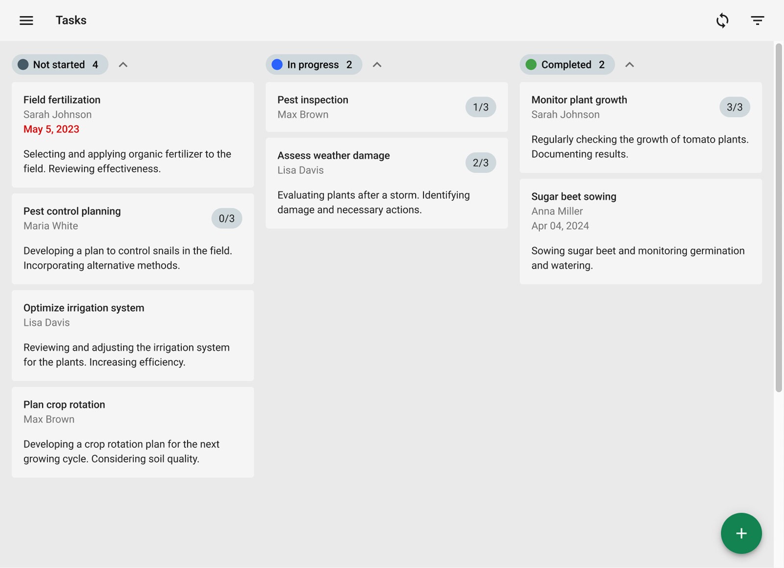 Mockup of the tasks page of the KWS Field Explorer mobile app on tablet