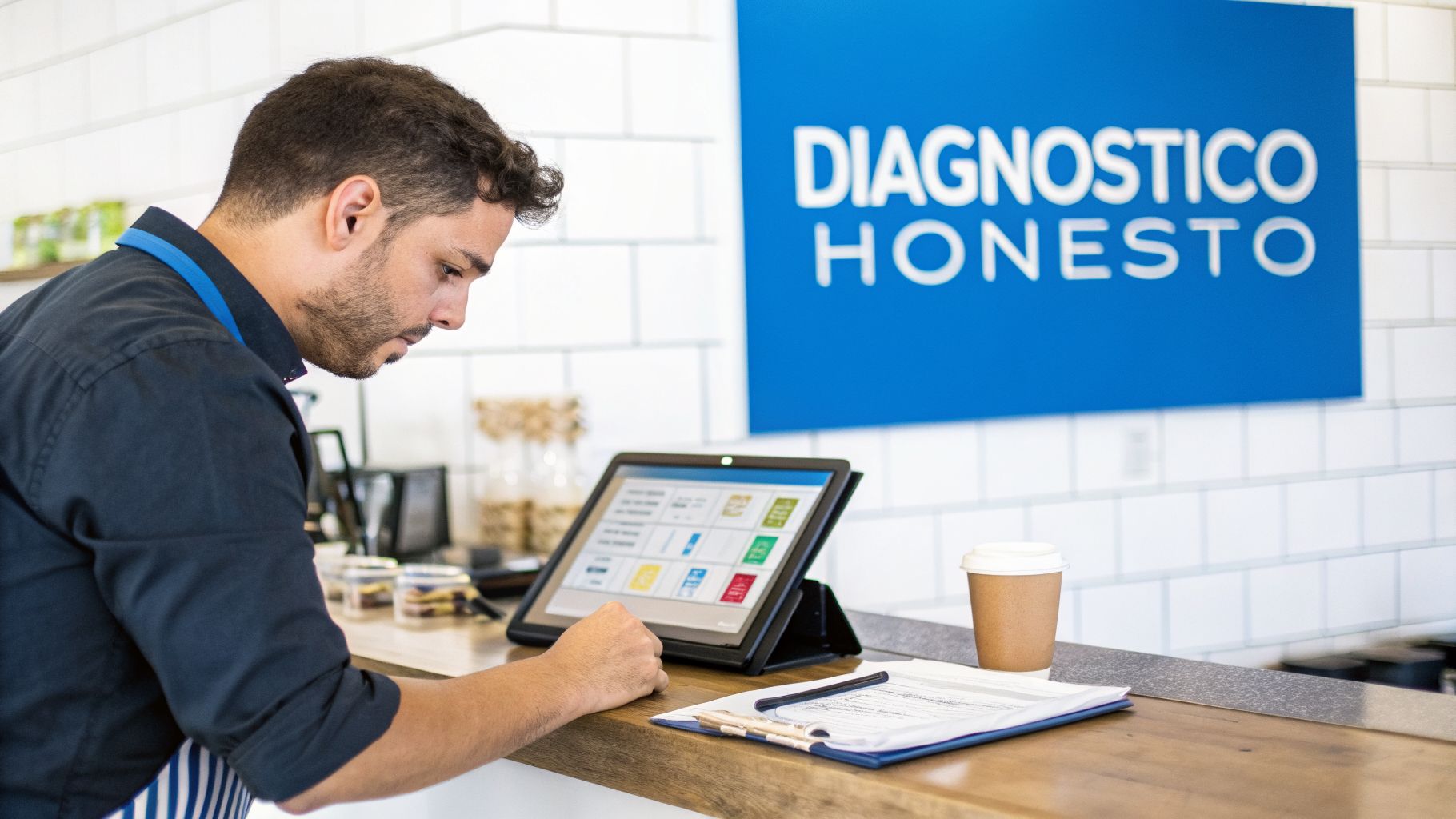 Un hombre con barba y delantal azul trabaja en una tablet en un mostrador de madera.