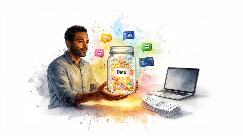 A person holds a jar of colorful 'Data' with shopping carts, a credit card, laptop, and receipts, illustrating data management.