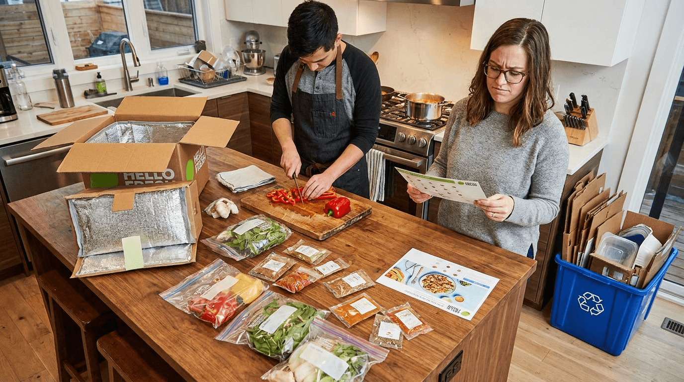 Couple preparing meal delivery kit surrounded by packaging waste at kitchen island