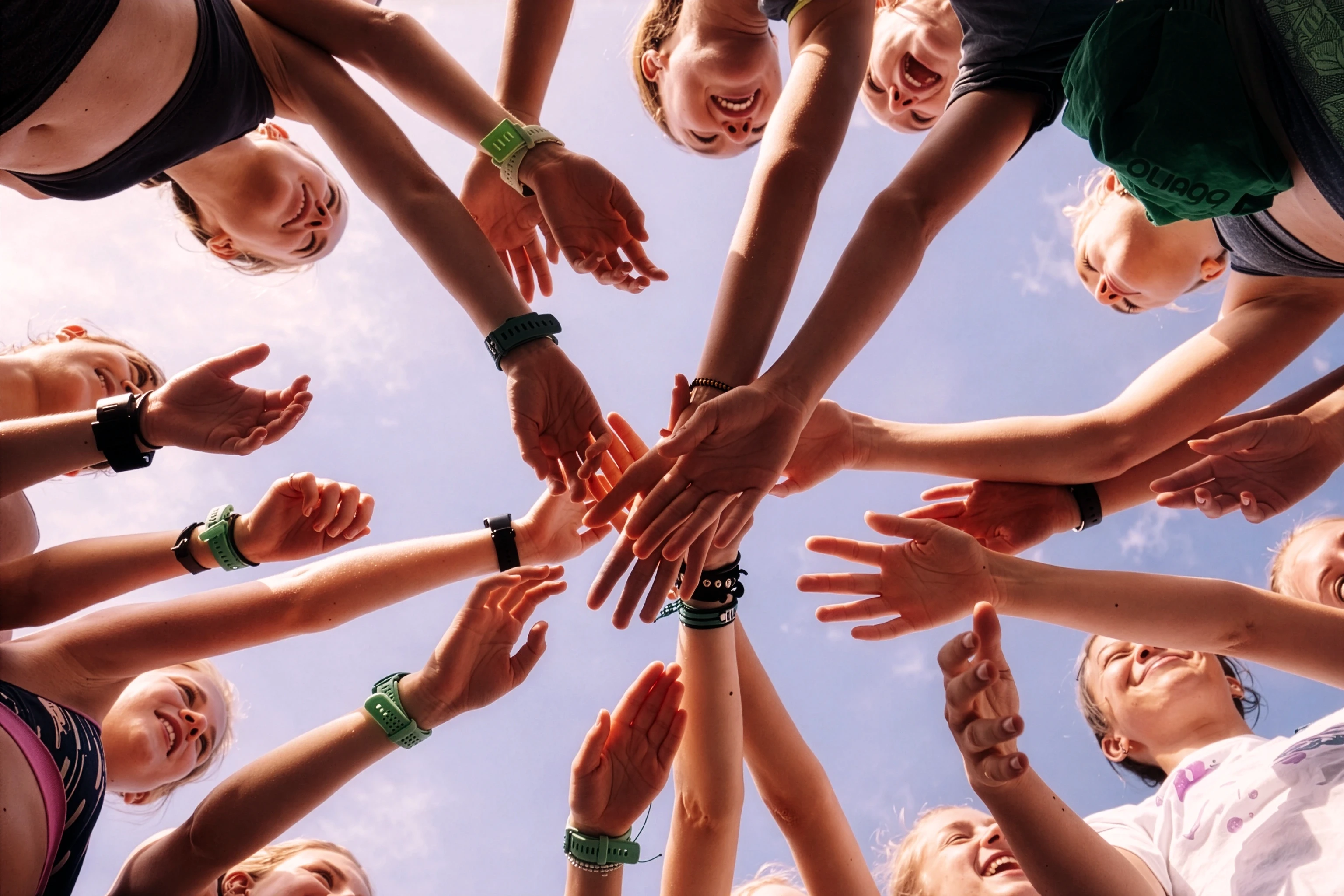 Low-angle view of a team huddling, hands stacked in unity.