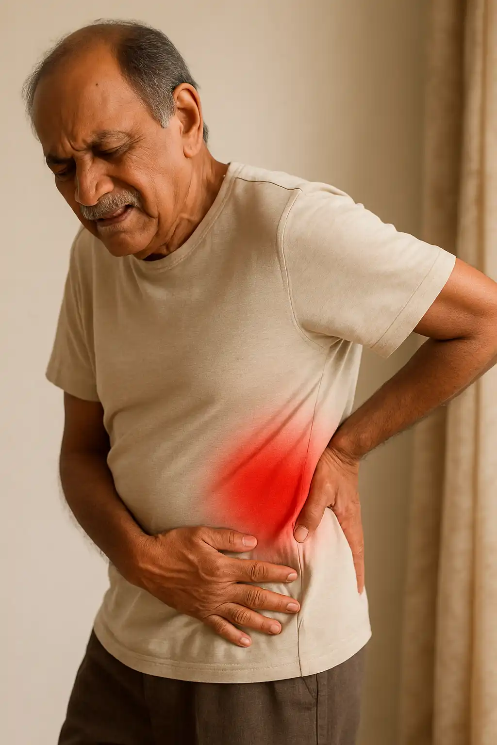 A person experiencing pain caused by poor posture, with visible tension or discomfort in the neck, shoulders, or back due to prolonged misalignment.
