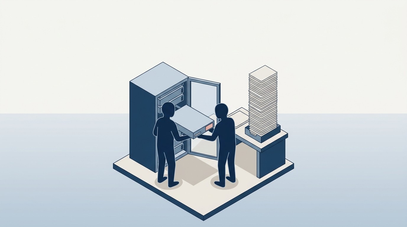 Isometrische Illustration eines Serverarbeitsplatzes mit turmhohem Stapel eingereichter Dokumente: eingeschleuste Anweisungen erreichen das Sprachmodell.