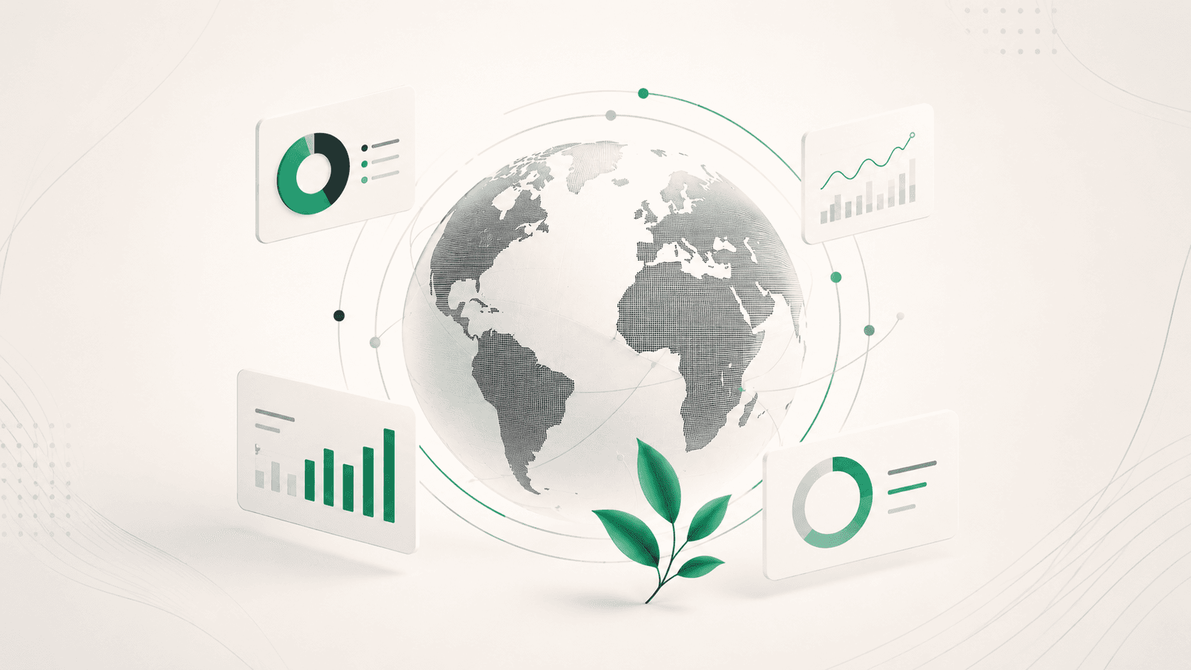 Horizontal cover image showing a globe surrounded by ESG data dashboards, charts and sustainability analytics, with a clean light background and green accents.