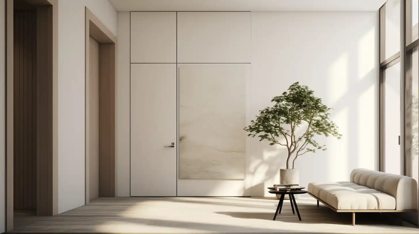 Interno moderno e minimalista con pianta d'appartamento e grandi finestre con luce naturale, dettaglio di una casa di lusso.