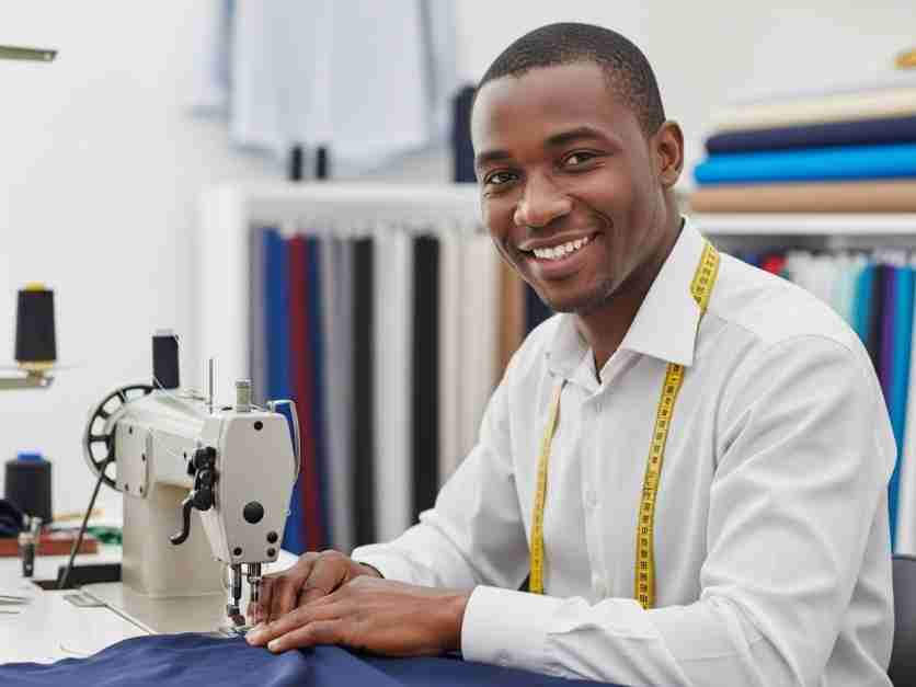 A young person with curly hair smiles at the camera while sitting in front of a laptop against a dark background.
