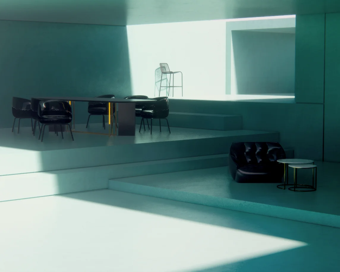 A furnished room with a wooden table and chairs arranged neatly, creating a cozy and inviting atmosphere.
