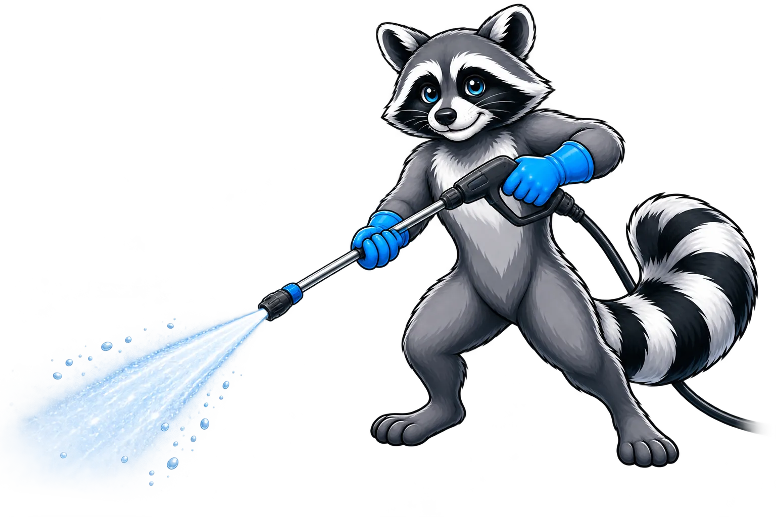 Mascotte Raton Laveur utilisant un jet à haute pression pour nettoyer et désinfecter un bac à déchets.