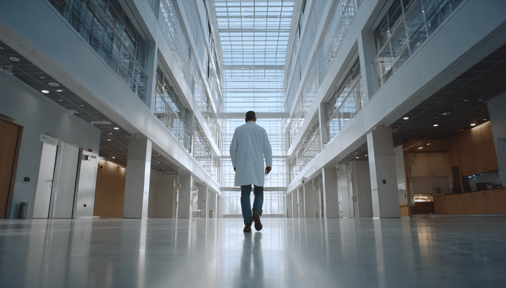 A person in a white lab coat walks through a modern, spacious corridor with glass ceilings, conveying a sense of progress and innovation.