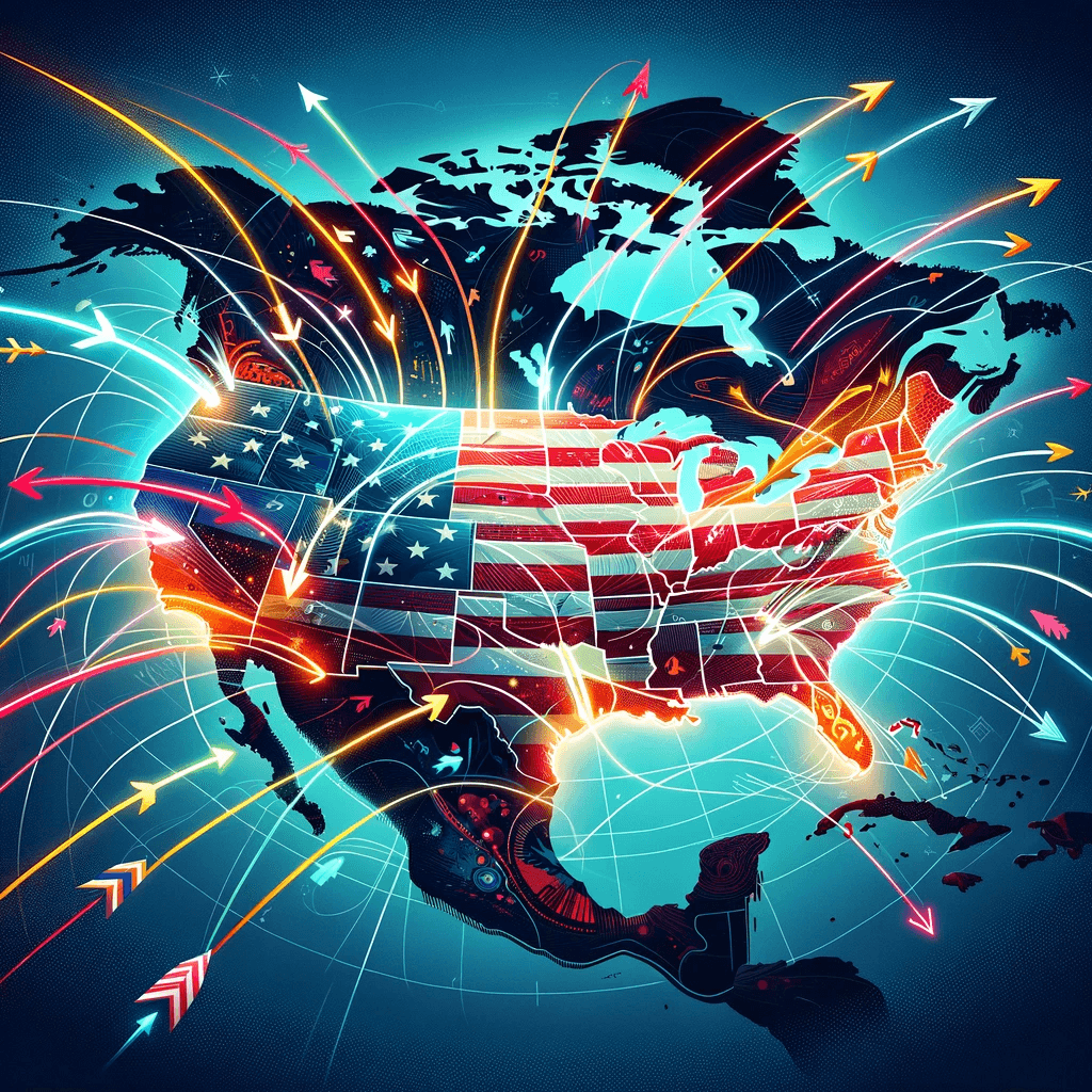 A map depicting arrows from various countries pointing towards the United States, representing the global diversity of H1B visa applicants.