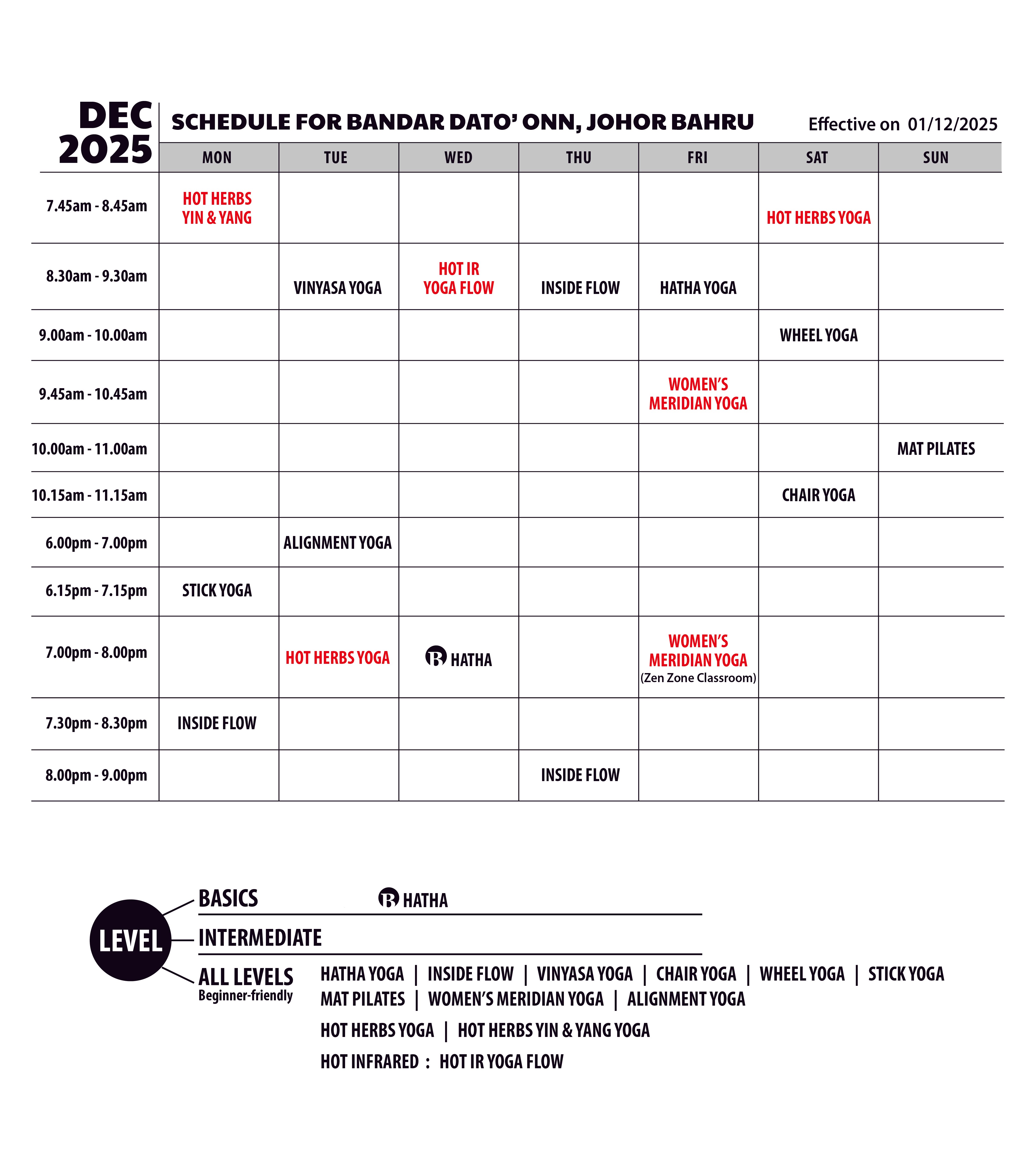 Surya Yoga Johor Bahru  Schedule