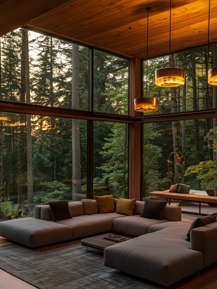 Cozy wooden terrace surrounded by lush forest trees with warm overhead string lighting.