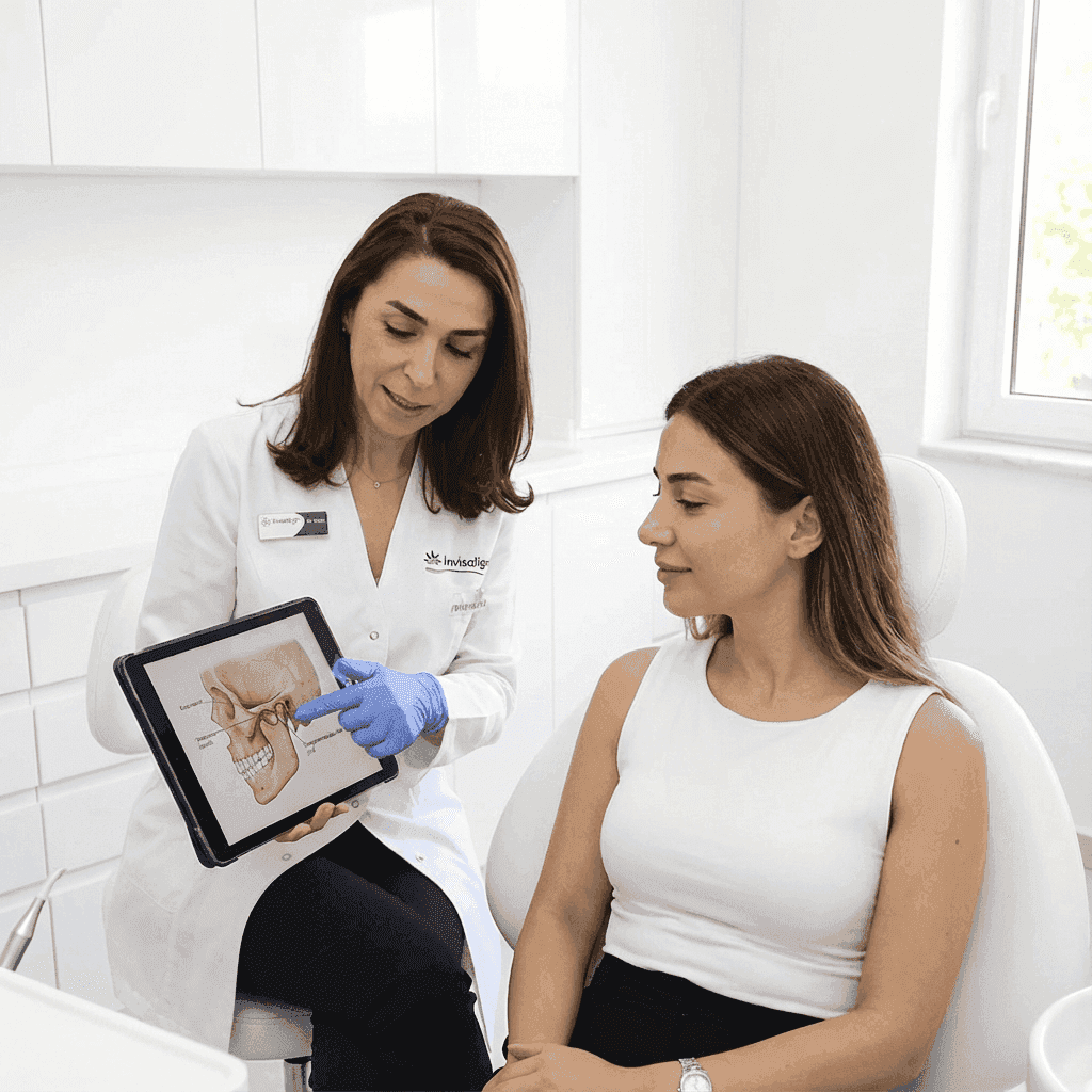 A dentist explaining how to identify TMJ disorder to a patient.