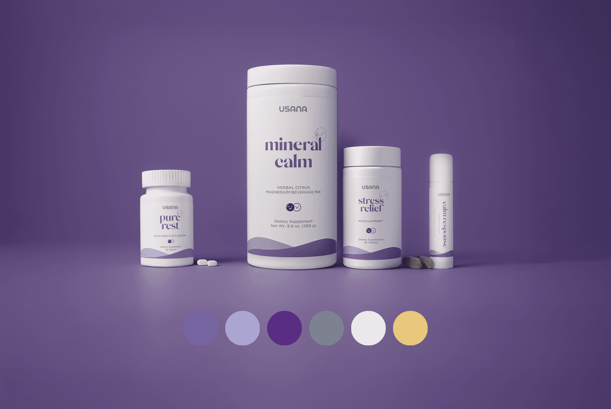 The product lineup at launch: Pure Rest, Mineral Calm, Calm Response and Stress Relief.