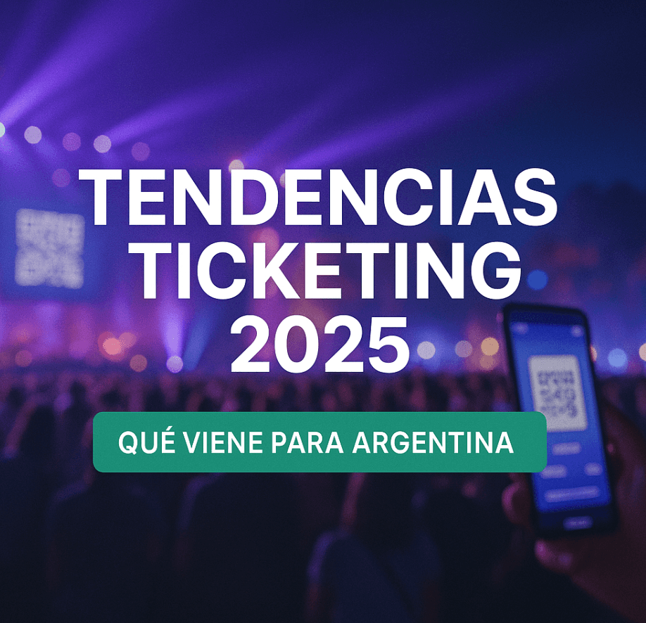 Imagen de portada sobre innovaciones de ticketing 2025 en Argentina, con fondo de concierto y entradas digitales con QR, representando innovación y tecnología en eventos.