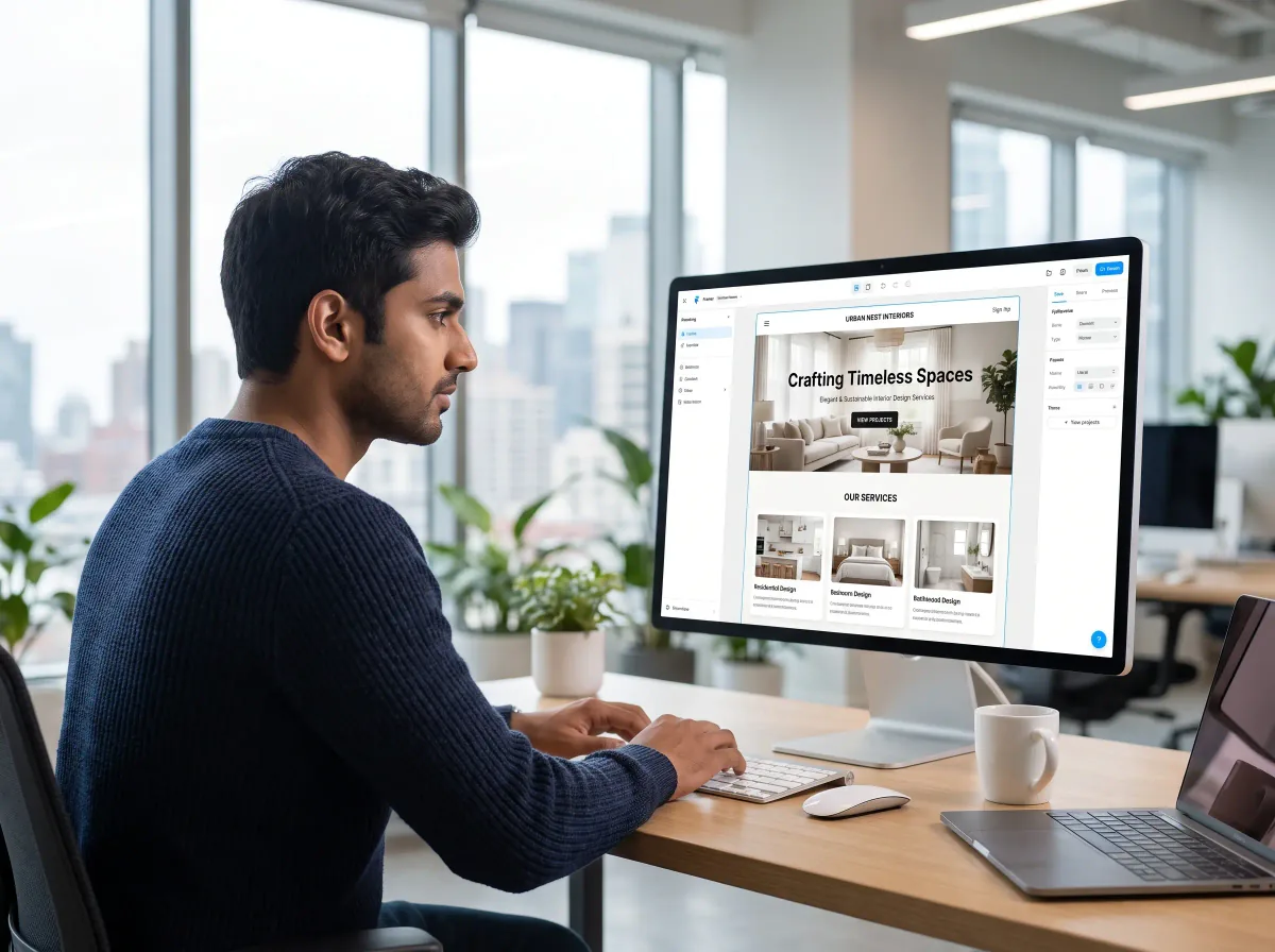 Indian designer building a website in a visual no-code builder in an Ahmedabad studio