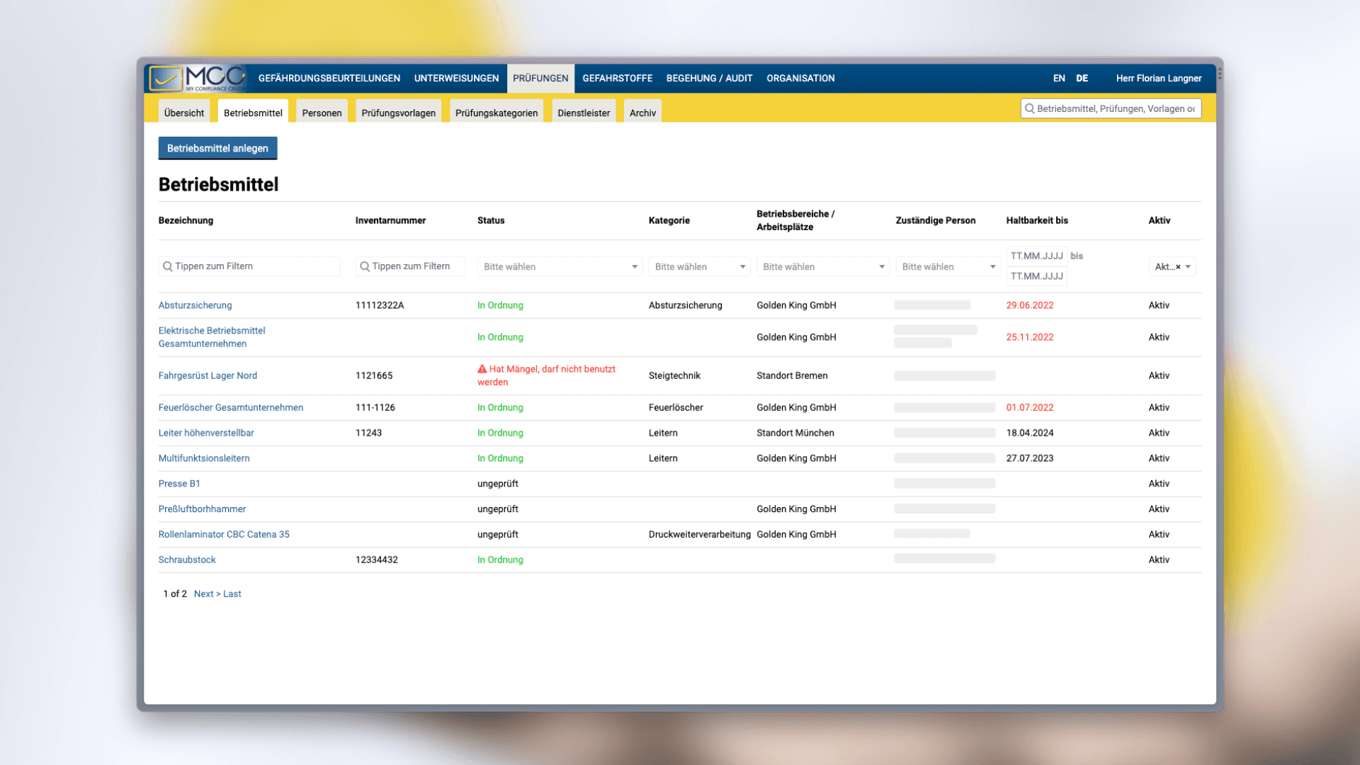 MCC My Compliance Center - Übersicht im Modul Betriebsmittelprüfungen