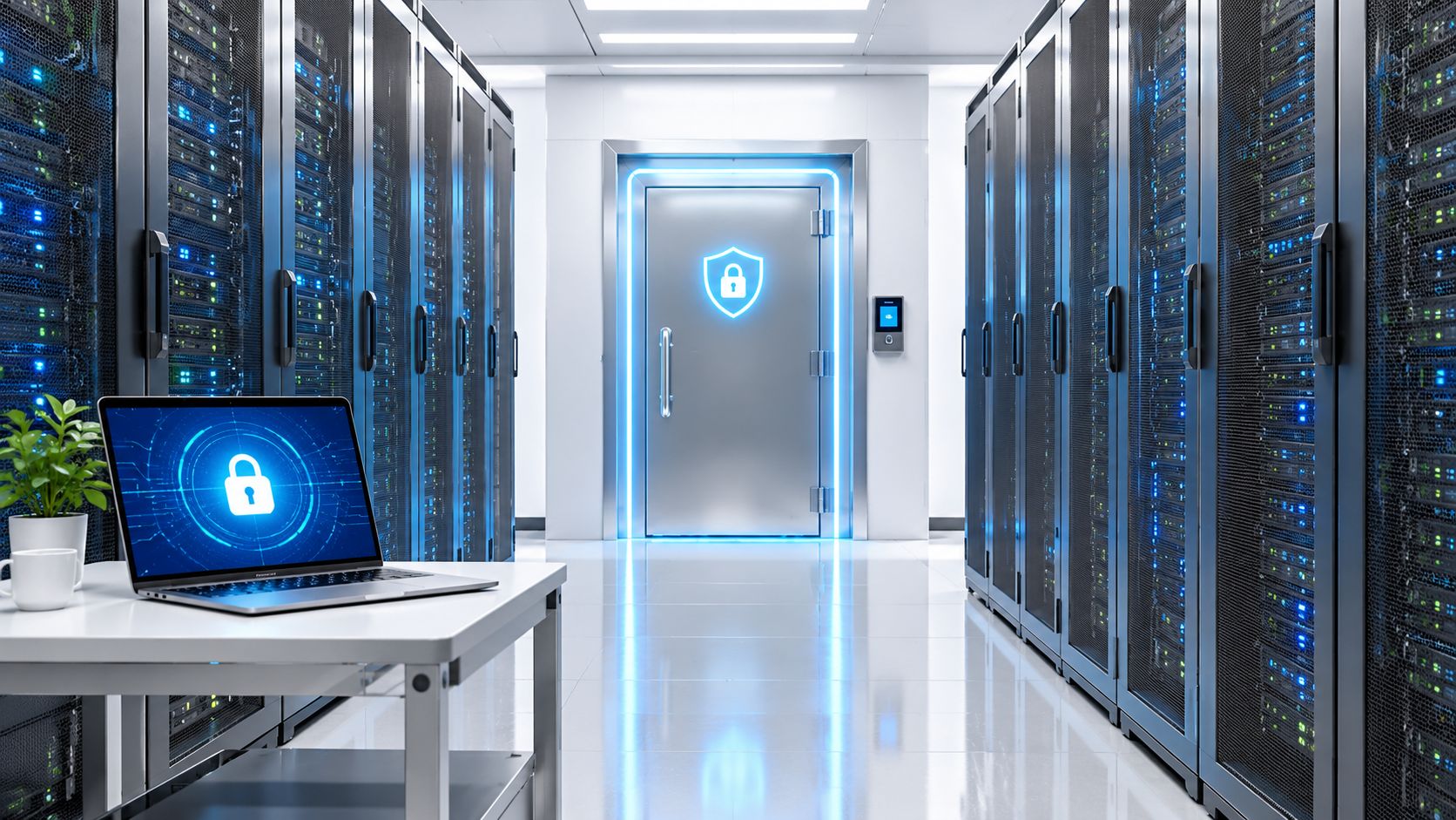 A secure server room with a laptop displaying a digital lock icon sitting on a white table.