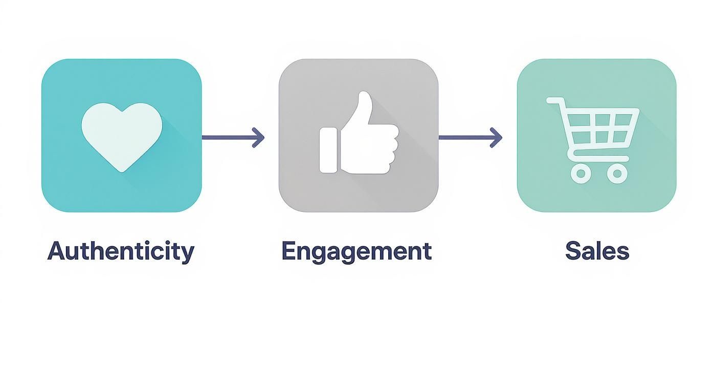 Infographic showing the flow from Authenticity to Engagement to Sales in influencer marketing.