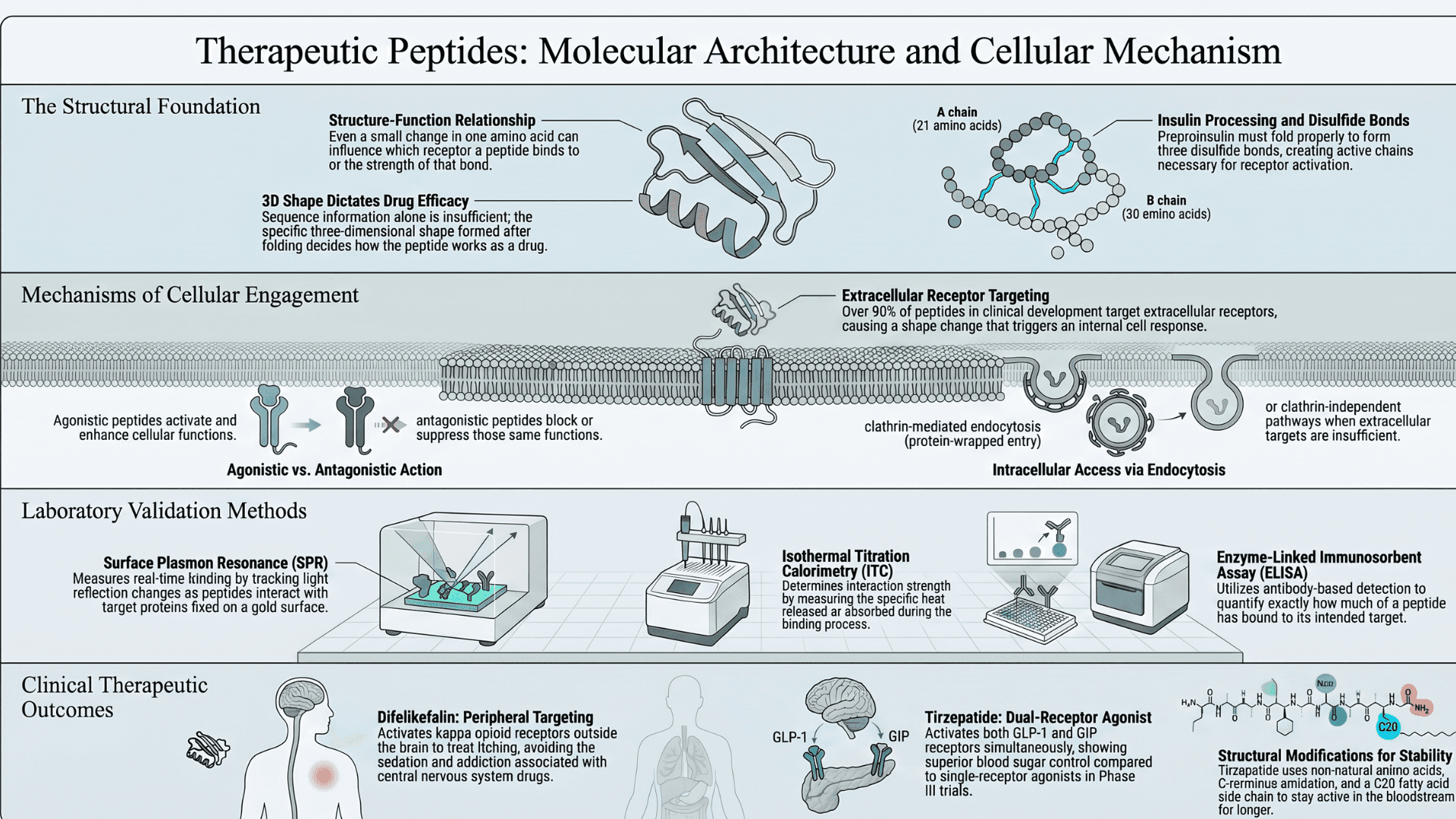 an infographic depicting the molecular architecture and cellular mechanism of therapeutic peptides