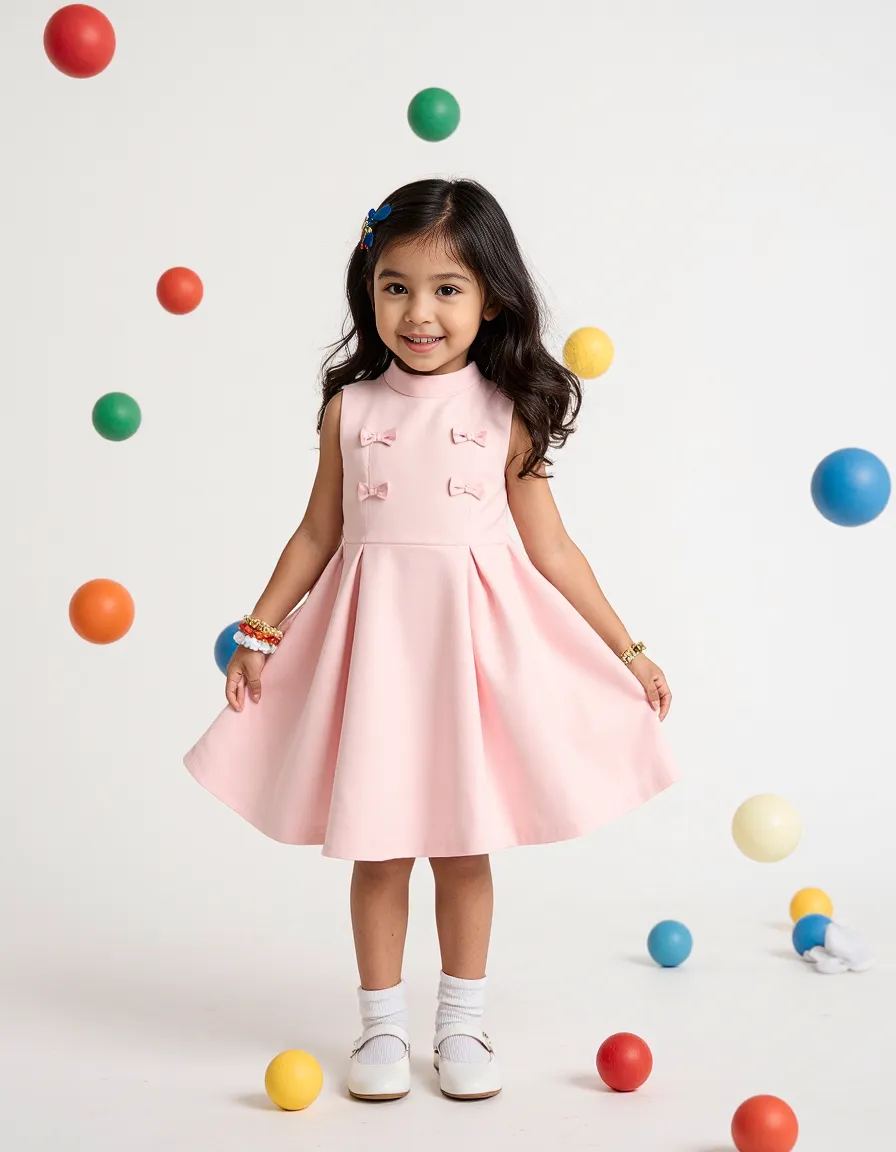 Playful children's fashion photography featuring a pink dress with bow details against a white backdrop with colorful floating balls