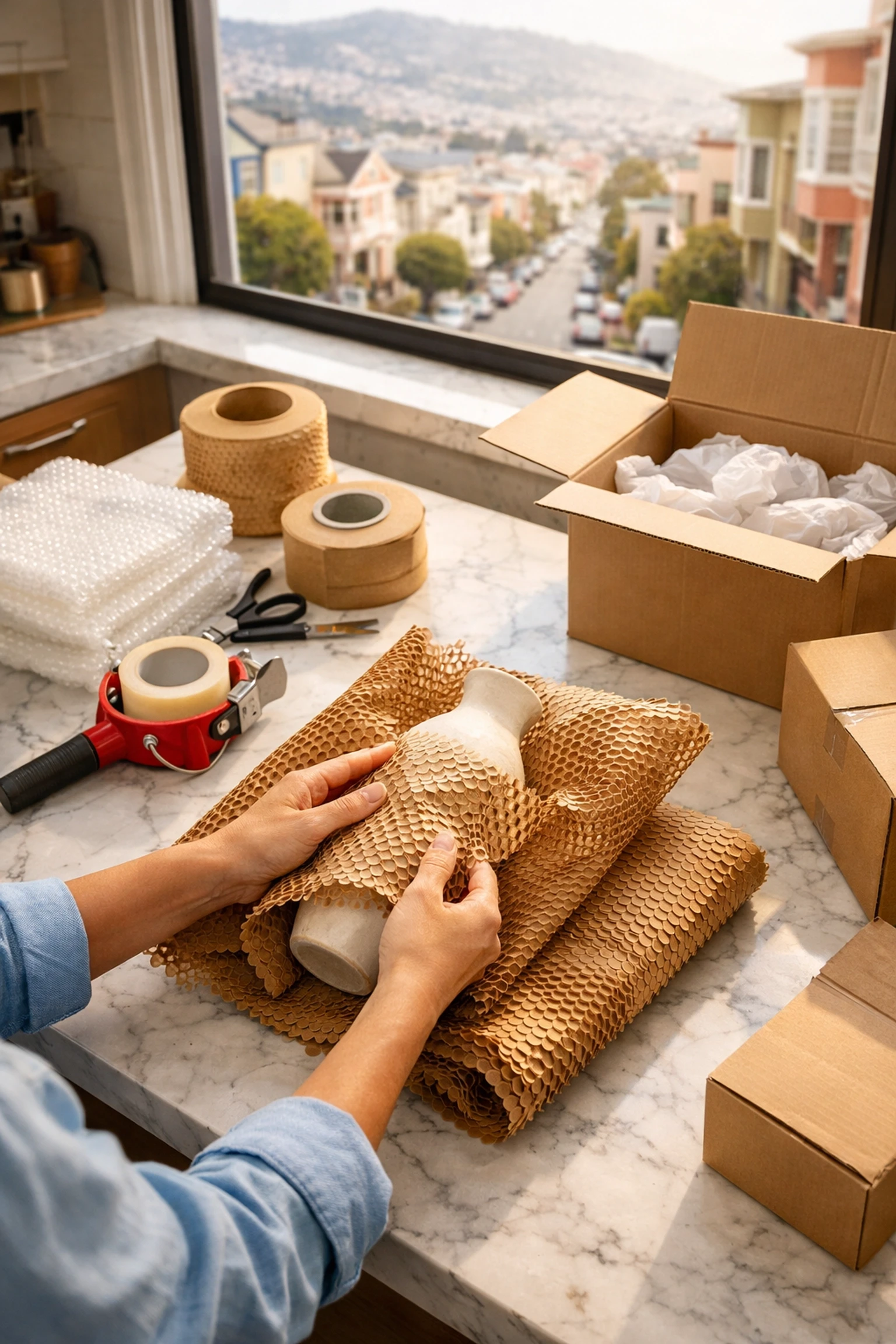 Professional packing services in a San Francisco kitchen for a stress-free local and long distance relocation.