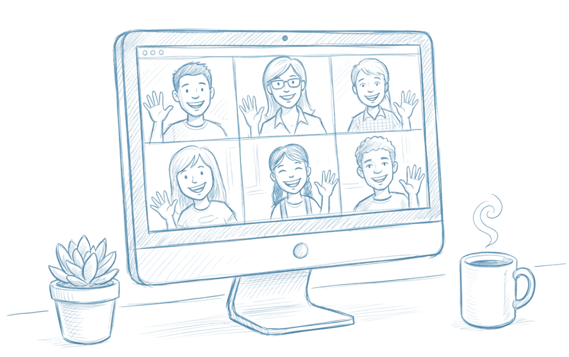 A desktop computer showing six people waving in a video call, with a small plant and a cup of coffee on the desk, illustrated in a soft blue sketch style.
