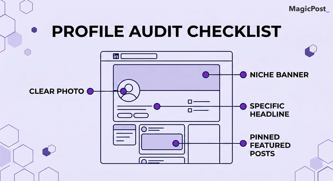 LinkedIn profile audit checklist infographic highlighting a clear photo, niche banner, specific headline, and pinned featured posts