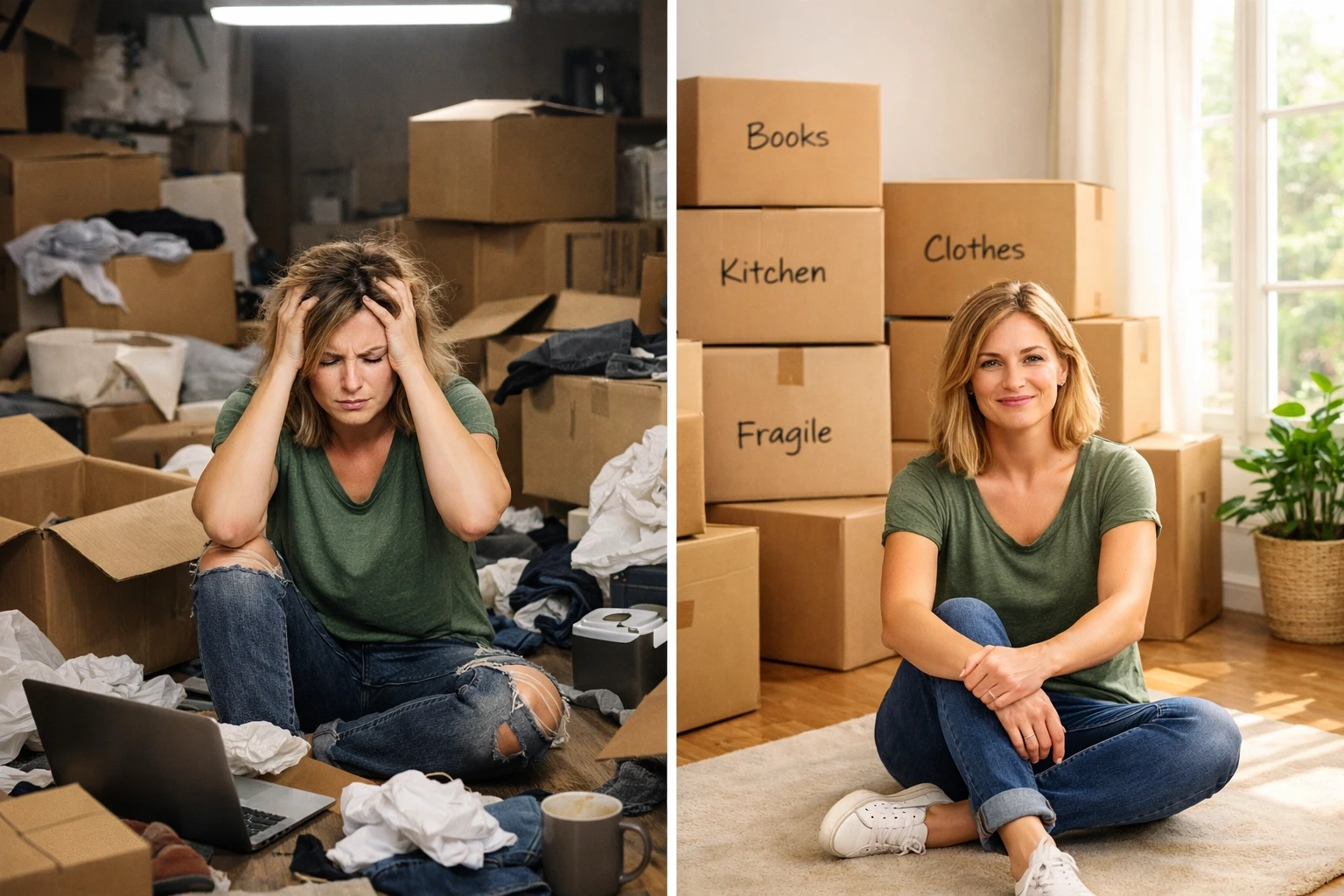 Comparison of disorganized moving boxes versus neatly organized packing with professional moving service