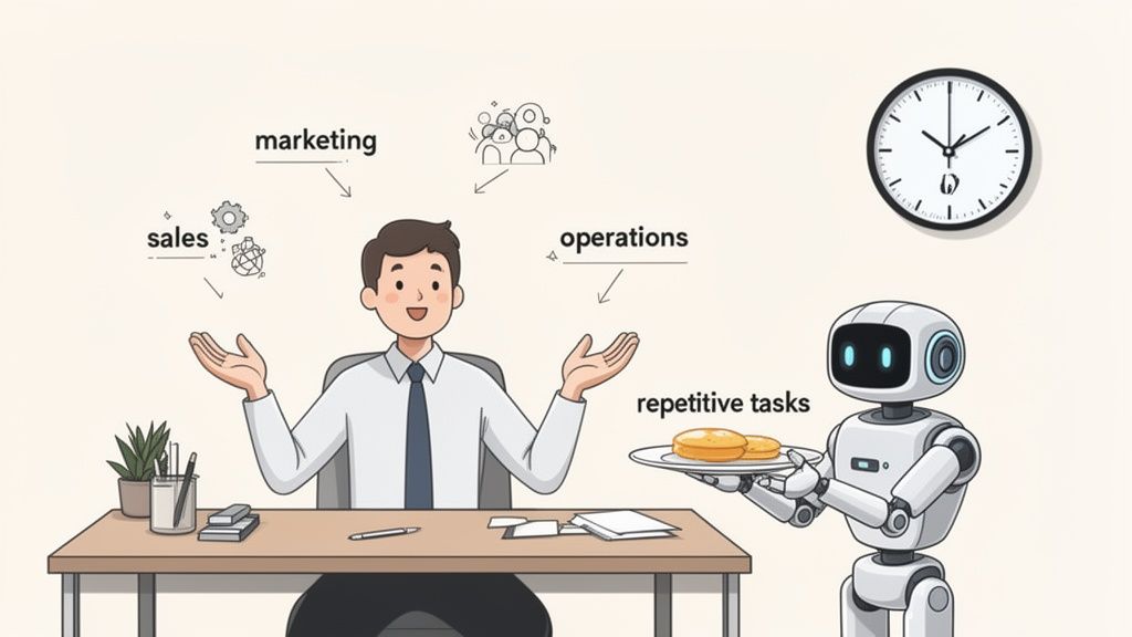 A man manages business functions like sales, marketing, and operations, as a robot automates repetitive tasks.