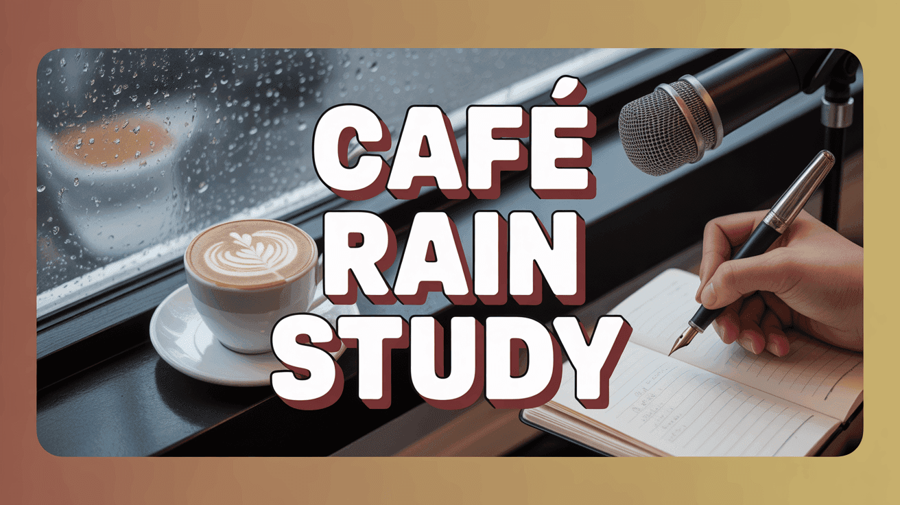 Cafe Rain Writing ASMR Thumbnail Template featuring rainy cafe window with latte art, notebook, and fountain pen writing near microphone