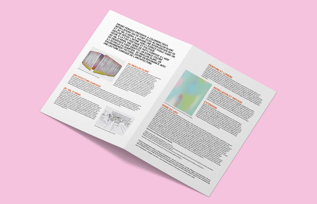 Mise en page éditoriale de l'exposition Bruno Peinado avec visuels d'esquisses et blocs de texte structurés.