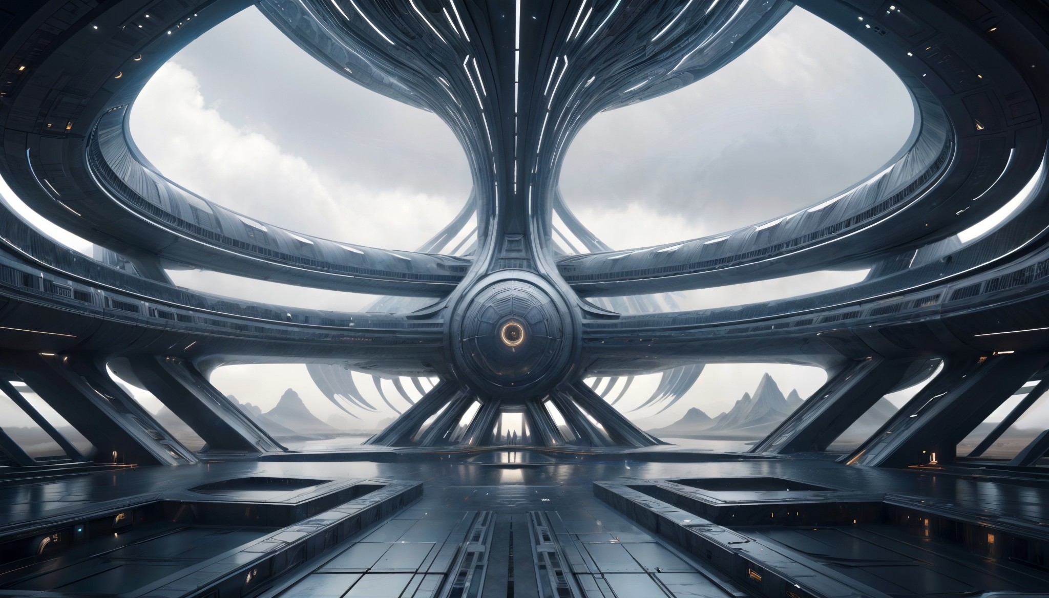 Interior view of a large circular sci-fi room that has dark grey metallic aesthetic and an open ceiling.