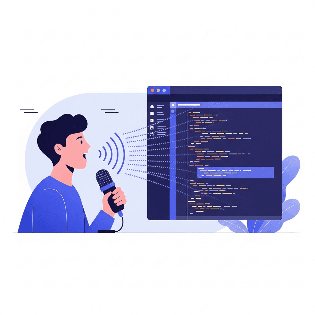 A modern, professional illustration showing a developer using voice input for coding. Split-screen composition: left side shows a person speaking into a microphone with sound waves visualized, right side shows code appearing rapidly on a computer screen in an IDE. Use a tech-forward color palette with blues, purples, and gradients. Include visual elements suggesting speed and efficiency like motion lines or particle effects flowing from the microphone to the screen. Style should be clean, minimalist, and professional, emphasizing the acceleration of the coding workflow.