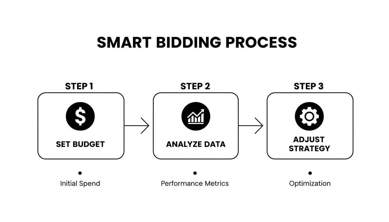 Diagram illustrating the three steps of a smart bidding process: Set Budget, Analyze Data, Adjust Strategy.