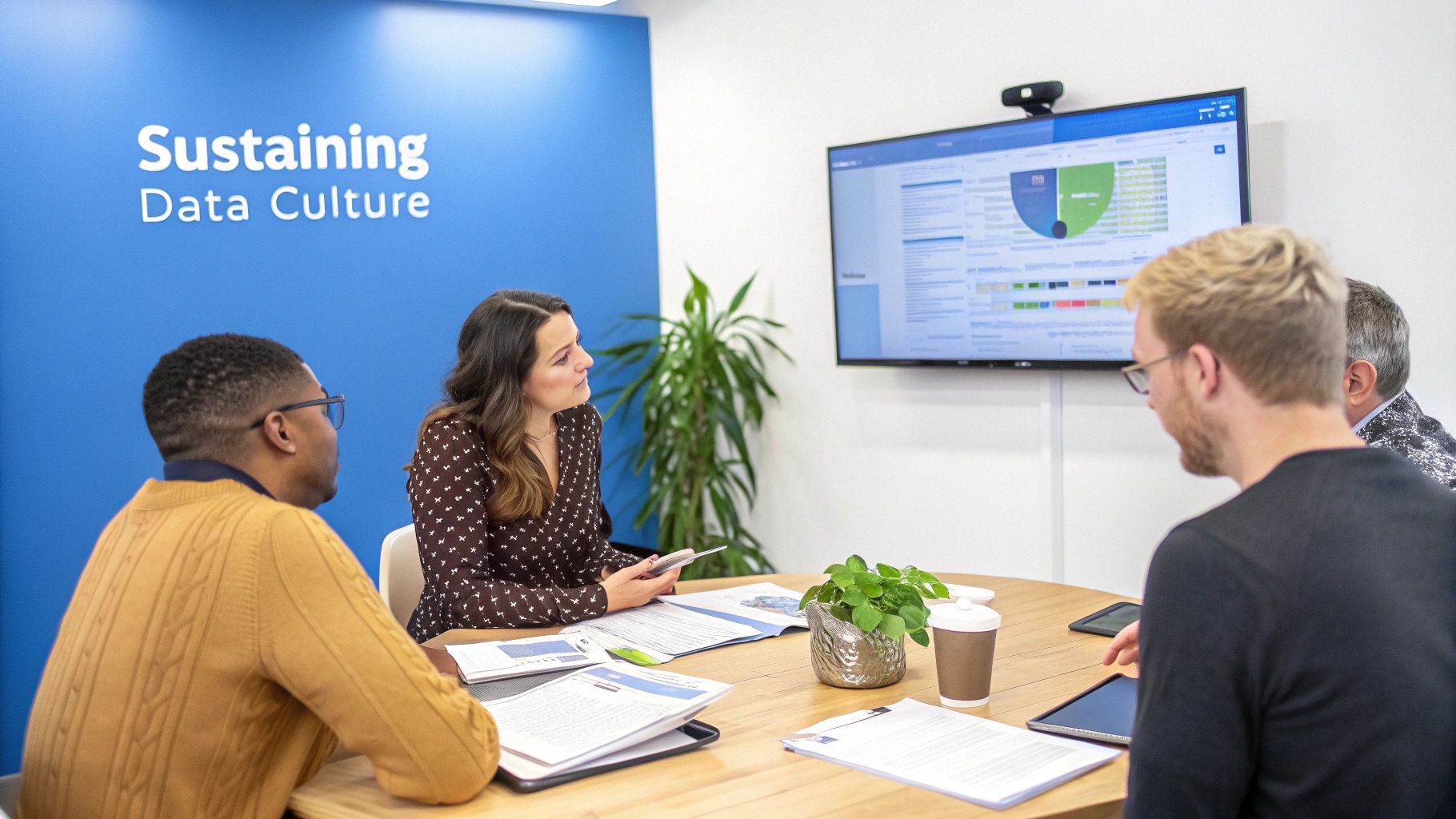 A group of diverse professionals collaboratively working around a table with laptops and charts, symbolizing a thriving data culture.